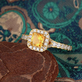 Princess Cut Citrine Engagement Ring Halo Half Eternity Pave Band